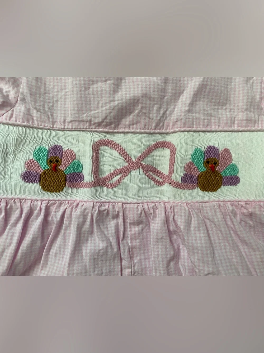 Cecil and Lou Boutique Pink Gingham Smocked Turkey Thanksgiving Romper Size 2t